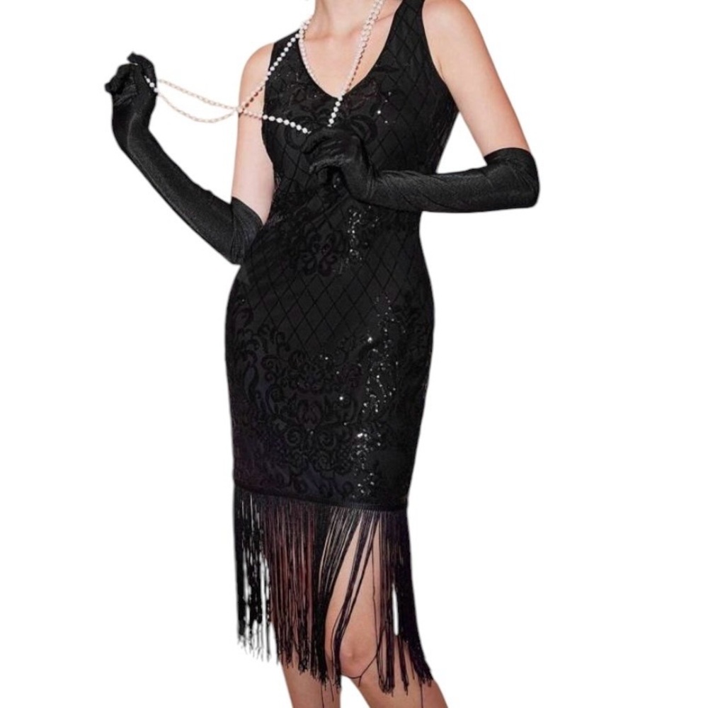 Women’s Medium 1920s Vintage Black Flapper Dress Holiday Party or New Years Eve